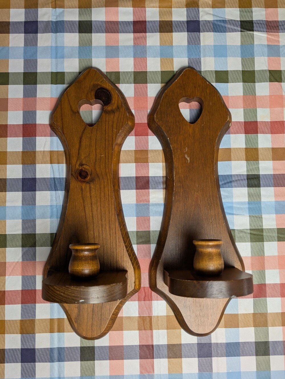 Pair of Vintage Wooden Heart Sconce Candle Holders - Brown